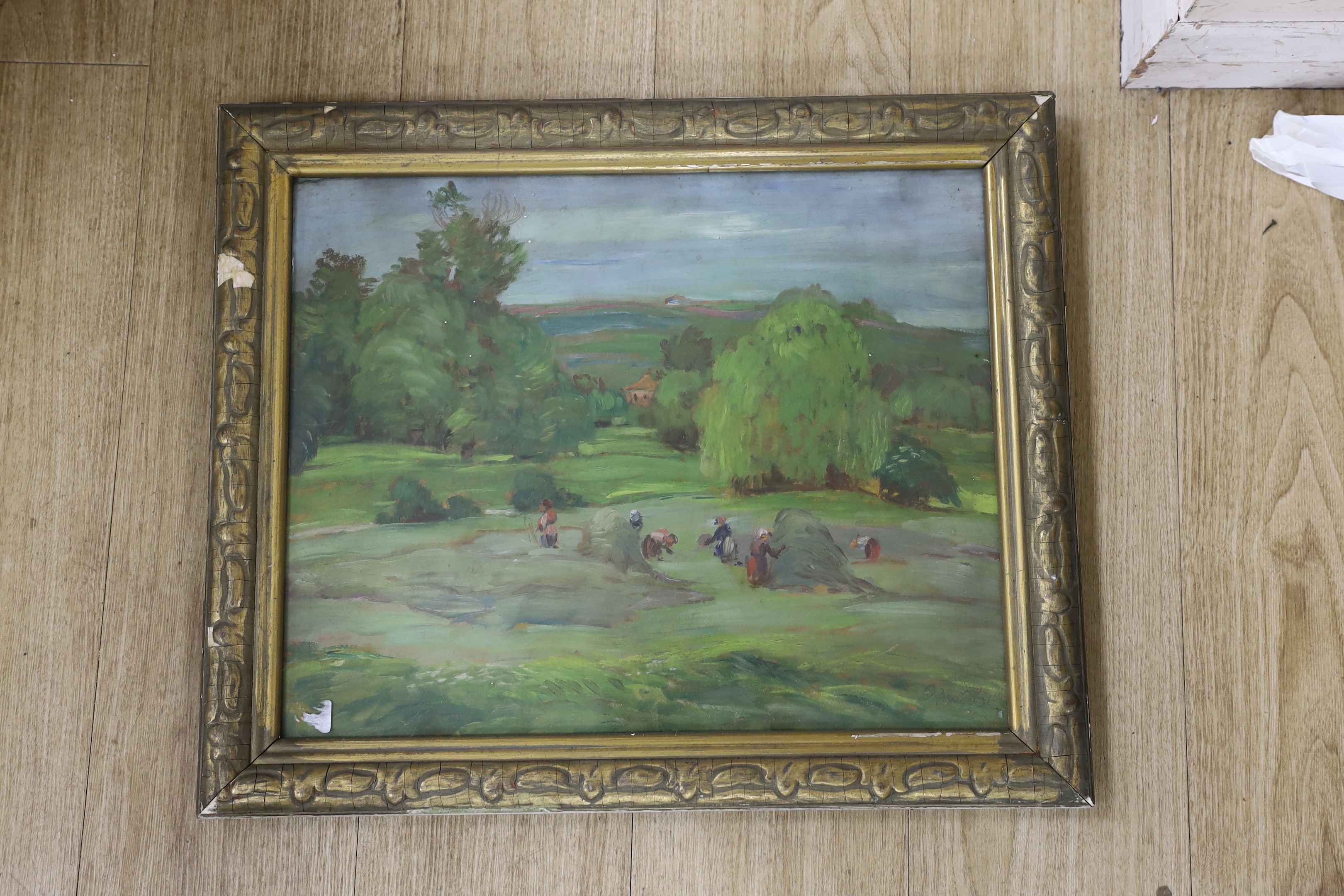 Continental School, oil on board, Harvesters in a landscape, indistinctly signed, 38 x 47cm
